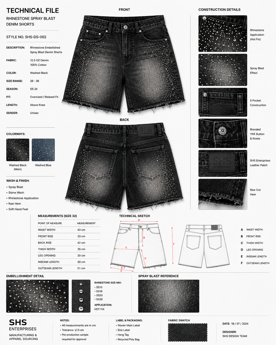 SHS Enterprises technical file for rhinestone spray blast denim shorts, showing front and back photos, construction detail callouts, and measurements