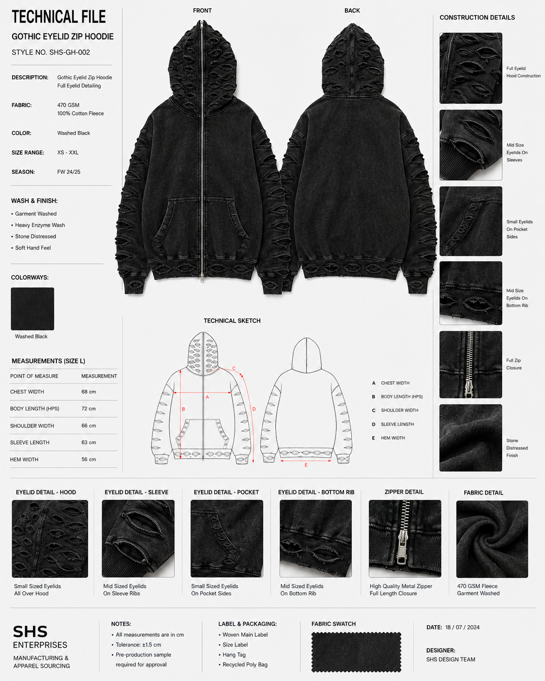 SHS Enterprises technical file for a gothic eyelid zip hoodie, showing front and back photos, construction detail callouts, and measurements